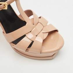 Saint Laurent Beige Patent Leather Tribute Platform Sandals Size 37.5