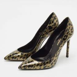 Saint Laurent Black/Gold Animal Print Patent Leather Anja Pointed Toe Pumps Size 38
