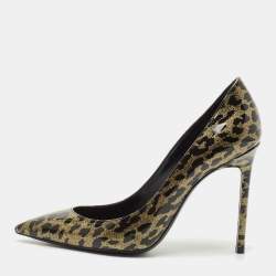 Saint Laurent Black/Gold Animal Print Patent Leather Anja Pointed Toe Pumps Size 38