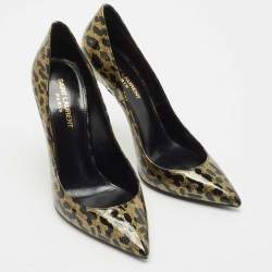 Saint Laurent Black/Gold Animal Print Patent Leather Anja Pointed Toe Pumps Size 38