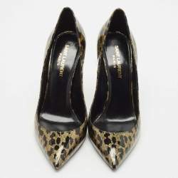 Saint Laurent Black/Gold Animal Print Patent Leather Anja Pointed Toe Pumps Size 38