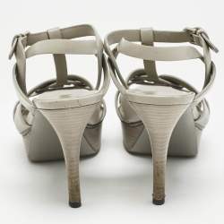 Saint Laurent Light Grey Leather Tribute Platform Sandals Size 37.5