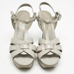 Saint Laurent Light Grey Leather Tribute Platform Sandals Size 37.5
