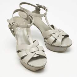 Saint Laurent Light Grey Leather Tribute Platform Sandals Size 37.5