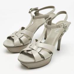 Saint Laurent Light Grey Leather Tribute Platform Sandals Size 37.5
