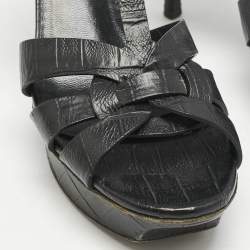 Saint Laurent Black Croc Embossed Leather Tribute Platform Sandals Size 37.5