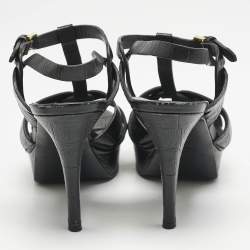 Saint Laurent Black Croc Embossed Leather Tribute Platform Sandals Size 37.5