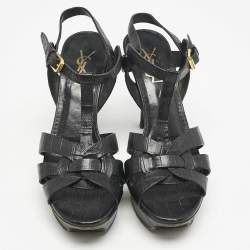 Saint Laurent Black Croc Embossed Leather Tribute Platform Sandals Size 37.5