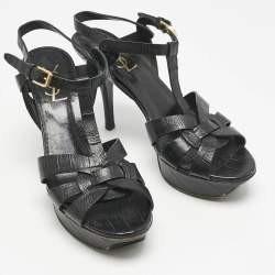 Saint Laurent Black Croc Embossed Leather Tribute Platform Sandals Size 37.5