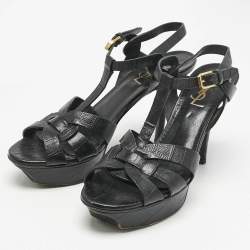 Saint Laurent Black Croc Embossed Leather Tribute Platform Sandals Size 37.5