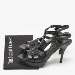 Saint Laurent Black Croc Embossed Leather Tribute Platform Sandals Size 37.5
