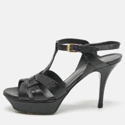 Saint Laurent Black Croc Embossed Leather Tribute Platform Sandals Size 37.5
