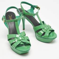 Saint Laurent Green Patent Leather Tribute Platform Sandals Size 39
