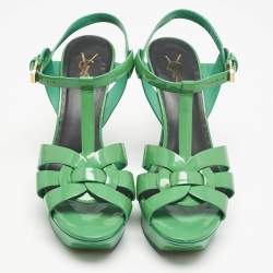 Saint Laurent Green Patent Leather Tribute Platform Sandals Size 39