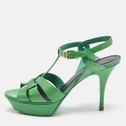 Saint Laurent Green Patent Leather Tribute Platform Sandals Size 39