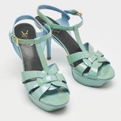 Saint Laurent Blue Patent Leather Tribute Platform Sandals Size 39