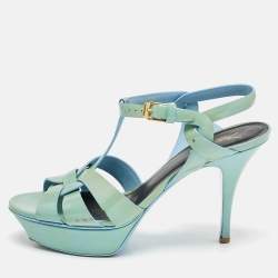 Saint Laurent Blue Patent Leather Tribute Platform Sandals Size 39
