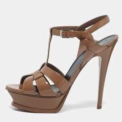 Saint Laurent  Beige Patent Leather Platform Sandals Size 38.5