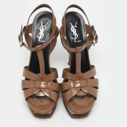 Saint Laurent  Beige Patent Leather Platform Sandals Size 38.5