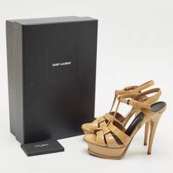 Pre Owned صندل سان لوران بنعل سميك جلد لامع بيج مقاس 36.5