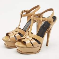 Pre Owned صندل سان لوران بنعل سميك جلد لامع بيج مقاس 36.5