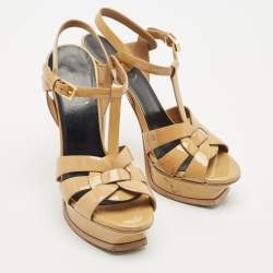 Pre Owned صندل سان لوران بنعل سميك جلد لامع بيج مقاس 36.5