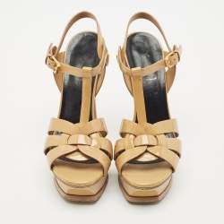 Pre Owned صندل سان لوران بنعل سميك جلد لامع بيج مقاس 36.5