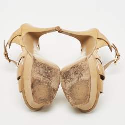 Pre Owned صندل سان لوران بنعل سميك جلد لامع بيج مقاس 36.5