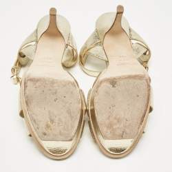 Saint Laurent Gold Foil Leather Tribute Ankle Strap Sandals Size 38.5