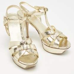 Saint Laurent Gold Foil Leather Tribute Ankle Strap Sandals Size 38.5