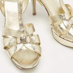 Saint Laurent Gold Foil Leather Tribute Ankle Strap Sandals Size 38.5