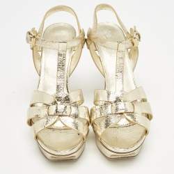 Saint Laurent Gold Foil Leather Tribute Ankle Strap Sandals Size 38.5