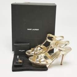 Saint Laurent Gold Foil Leather Tribute Ankle Strap Sandals Size 38.5