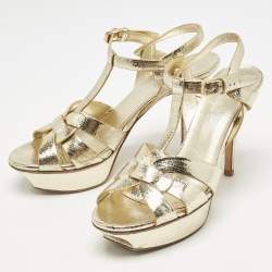Saint Laurent Gold Foil Leather Tribute Ankle Strap Sandals Size 38.5