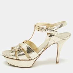 Saint Laurent Gold Foil Leather Tribute Ankle Strap Sandals Size 38.5