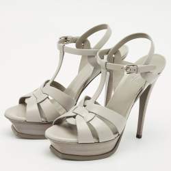 Saint Laurent Light Grey Leather Tribute Ankle Strap Sandals Size 39.5