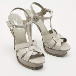 Saint Laurent Light Grey Leather Tribute Ankle Strap Sandals Size 39.5