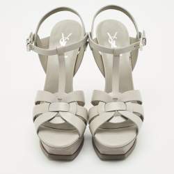 Saint Laurent Light Grey Leather Tribute Ankle Strap Sandals Size 39.5