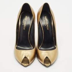 Saint Laurent Gold Leather Peep Toe Pumps Size 37.5