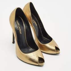 Saint Laurent Gold Leather Peep Toe Pumps Size 37.5
