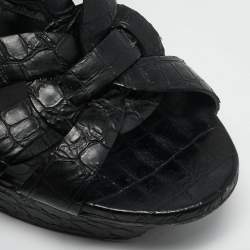Saint Laurent Black Croc Embossed Leather Tribute Platform Sandals Size 38.5