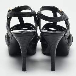 Saint Laurent Black Croc Embossed Leather Tribute Platform Sandals Size 38.5