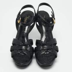 Saint Laurent Black Croc Embossed Leather Tribute Platform Sandals Size 38.5