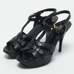 Saint Laurent Black Croc Embossed Leather Tribute Platform Sandals Size 38.5
