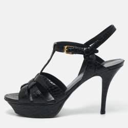 Saint Laurent Black Croc Embossed Leather Tribute Platform Sandals Size 38.5