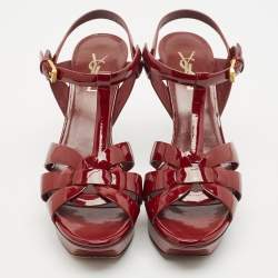 Pre Owned Saint Laurent Burgundy Patent Leather Tribute Platform Sandals Size 38.5