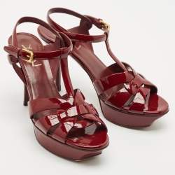 Pre Owned Saint Laurent Burgundy Patent Leather Tribute Platform Sandals Size 38.5