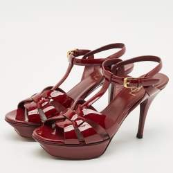 Pre Owned Saint Laurent Burgundy Patent Leather Tribute Platform Sandals Size 38.5