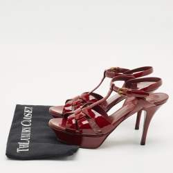 Pre Owned Saint Laurent Burgundy Patent Leather Tribute Platform Sandals Size 38.5