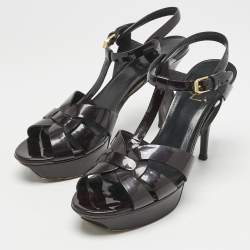 Pre Owned Saint Laurent Dark Burgundy Patent Leather Tribute Platform Sandals Size 41